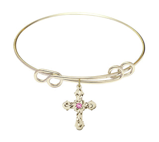 8 1/2 inch Round Double Loop Hamilton Gold Bangle Bracelet with a 14kt Gold Filled Cross charm. Engraved Catholic Saint Jewelry