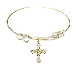 8 1/2 inch Round Double Loop Hamilton Gold Bangle Bracelet with a 14kt Gold Filled Cross charm. Engraved Catholic Saint Jewelry