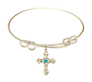 8 1/2 inch Round Double Loop Hamilton Gold Bangle Bracelet with a 14kt Gold Filled Cross charm. Engraved Catholic Saint Jewelry