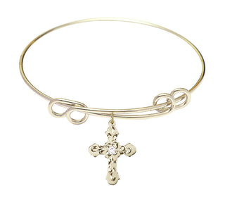8 1/2 inch Round Double Loop Hamilton Gold Bangle Bracelet with a 14kt Gold Filled Cross charm. Engraved Catholic Saint Jewelry