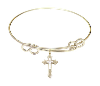 8 1/2 inch Round Double Loop Hamilton Gold Bangle Bracelet with a 14kt Gold Filled Cross on Cross charm. Engraved Catholic Saint Jewelry