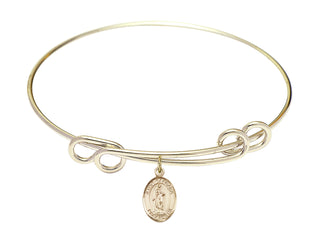 8 1/2 inch Round Double Loop Hamilton Gold Bangle Bracelet with a 14kt Gold Filled Saint Barbara charm. Engraved Catholic Saint Jewelry