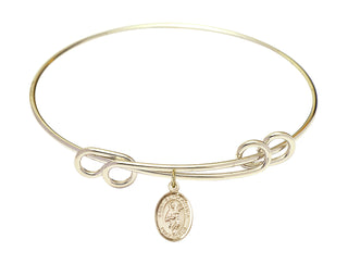 8 1/2 inch Round Double Loop Hamilton Gold Bangle Bracelet with a 14kt Gold Filled Saint Scholastica charm. Engraved Catholic Saint Jewelry