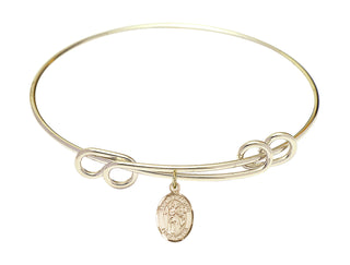 8 1/2 inch Round Double Loop Hamilton Gold Bangle Bracelet with a 14kt Gold Filled Saint Sebastian charm. Engraved Catholic Saint Jewelry
