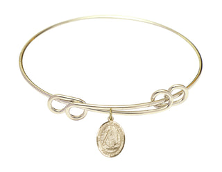8 1/2 inch Round Double Loop Hamilton Gold Bangle Bracelet with a 14kt Gold Filled Saint Edburga of Winchester charm. Engraved Catholic Saint Jewelry