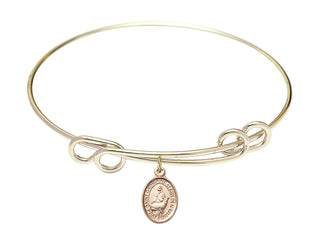 8 1/2 inch Round Double Loop Hamilton Gold Bangle Bracelet with a 14kt Gold Filled Saint Catherine of Sweden charm. Engraved Catholic Saint Jewelry