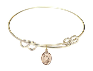 8 1/2 inch Round Double Loop Hamilton Gold Bangle Bracelet with a 14kt Gold Filled Saint Dunstan charm. Engraved Catholic Saint Jewelry