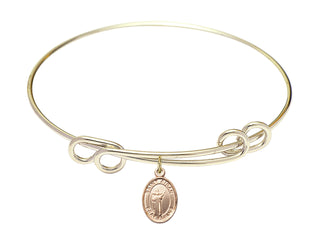 8 1/2 inch Round Double Loop Hamilton Gold Bangle Bracelet with a 14kt Gold Filled Saint Aidan of Lindesfarne charm. Engraved Catholic Saint Jewelry