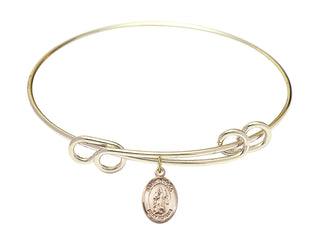 8 1/2 inch Round Double Loop Hamilton Gold Bangle Bracelet with a 14kt Gold Filled Saint Drogo charm. Engraved Catholic Saint Jewelry
