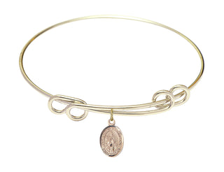 8 1/2 inch Round Double Loop Hamilton Gold Bangle Bracelet with a 14kt Gold Filled Our Lady of Assumption charm. Engraved Catholic Saint Jewelry