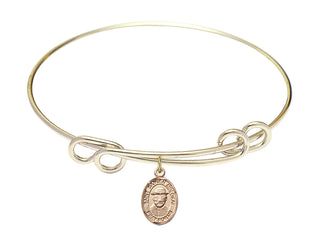 8 1/2 inch Round Double Loop Hamilton Gold Bangle Bracelet with a 14kt Gold Filled Saint Damien of Molokai charm. Engraved Catholic Saint Jewelry