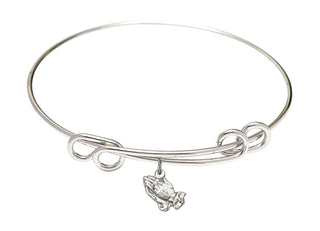 8 1/2 inch Round Double Loop Rhodium Bangle Bracelet with a Sterling Silver Praying Hands charm.