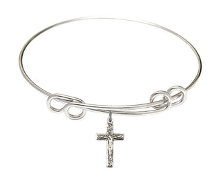 8 1/2 inch Round Double Loop Rhodium Bangle Bracelet with a Sterling Silver Crucifix charm.