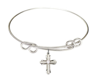 8 1/2 inch Round Double Loop Rhodium Bangle Bracelet with a Sterling Silver Cross charm.