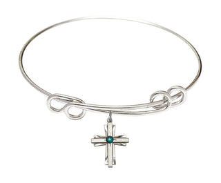 8 1/2 inch Round Double Loop Rhodium Bangle Bracelet with a Sterling Silver Cross charm.