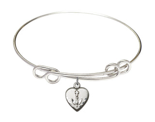 8 1/2 inch Round Double Loop Rhodium Bangle Bracelet with a Sterling Silver Heart / Confirmation charm.