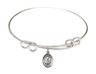 8 1/2 inch Round Double Loop Rhodium Bangle Bracelet with a Sterling Silver Confirmation charm.