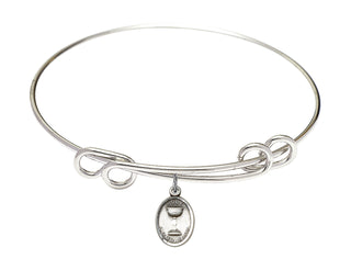 8 1/2 inch Round Double Loop Rhodium Bangle Bracelet with a Sterling Silver Holy Communion charm.