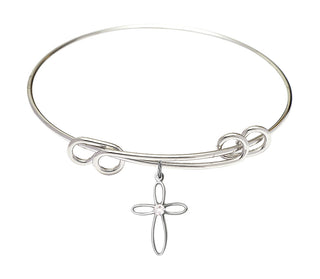 8 1/2 inch Round Double Loop Rhodium Bangle Bracelet with a Sterling Silver Loop Cross charm.