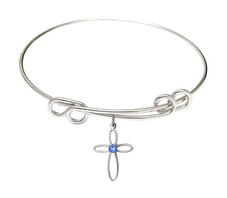 8 1/2 inch Round Double Loop Rhodium Bangle Bracelet with a Sterling Silver Loop Cross charm.