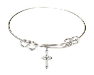 8 1/2 inch Round Double Loop Rhodium Bangle Bracelet with a Sterling Silver Cross charm.