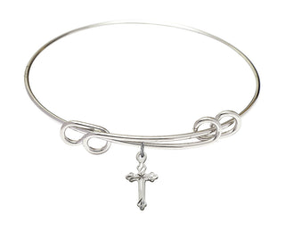 8 1/2 inch Round Double Loop Rhodium Bangle Bracelet with a Sterling Silver Cross charm.