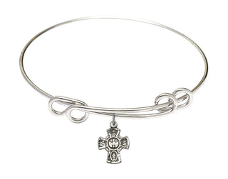 8 1/2 inch Round Double Loop Rhodium Bangle Bracelet with a Sterling Silver 5-Way charm.
