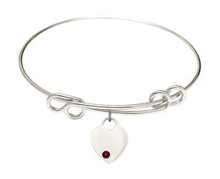 8 1/2 inch Round Double Loop Rhodium Bangle Bracelet with a Sterling Silver Heart charm. Engraved Catholic Saint Jewelry