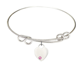 8 1/2 inch Round Double Loop Rhodium Bangle Bracelet with a Sterling Silver Heart charm. Engraved Catholic Saint Jewelry