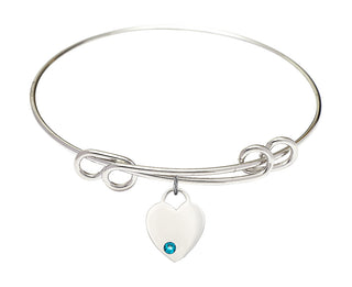 8 1/2 inch Round Double Loop Rhodium Bangle Bracelet with a Sterling Silver Heart charm. Engraved Catholic Saint Jewelry