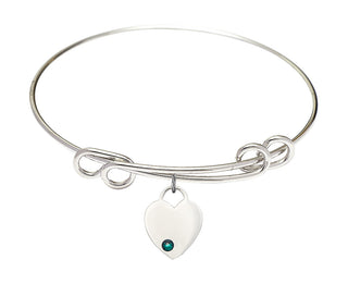 8 1/2 inch Round Double Loop Rhodium Bangle Bracelet with a Sterling Silver Heart charm. Engraved Catholic Saint Jewelry