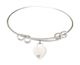 8 1/2 inch Round Double Loop Rhodium Bangle Bracelet with a Sterling Silver Heart charm. Engraved Catholic Saint Jewelry