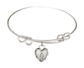 8 1/2 inch Round Double Loop Rhodium Bangle Bracelet with a Sterling Silver Miraculous Heart charm. Engraved Catholic Saint Jewelry
