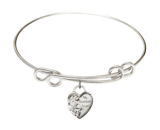 8 1/2 inch Round Double Loop Rhodium Bangle Bracelet with a Sterling Silver Guardian Angel Heart charm. Engraved Catholic Saint Jewelry