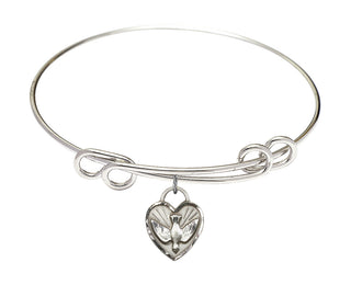 8 1/2 inch Round Double Loop Rhodium Bangle Bracelet with a Sterling Silver Confirmation Heart charm. Engraved Catholic Saint Jewelry