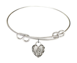 8 1/2 inch Round Double Loop Rhodium Bangle Bracelet with a Sterling Silver Our Lady of Guadalupe Heart charm.