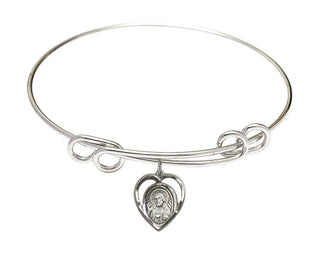 8 1/2 inch Round Double Loop Rhodium Bangle Bracelet with a Sterling Silver Scapular charm.