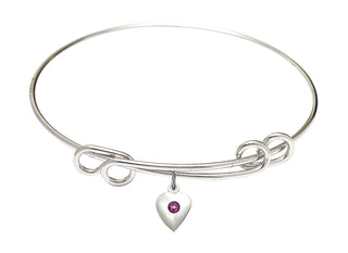 8 1/2 inch Round Double Loop Rhodium Bangle Bracelet with a Sterling Silver Heart charm.