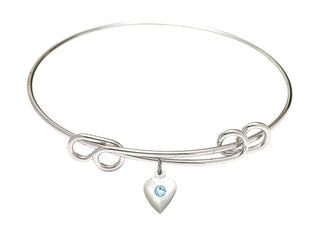 8 1/2 inch Round Double Loop Rhodium Bangle Bracelet with a Sterling Silver Heart charm.