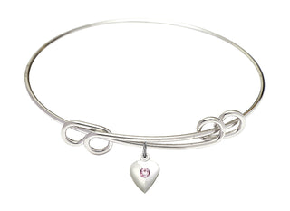 8 1/2 inch Round Double Loop Rhodium Bangle Bracelet with a Sterling Silver Heart charm.