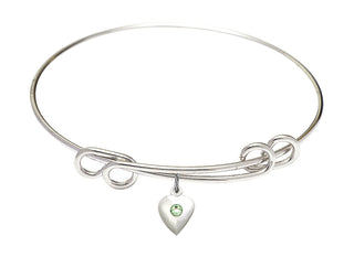 8 1/2 inch Round Double Loop Rhodium Bangle Bracelet with a Sterling Silver Heart charm.