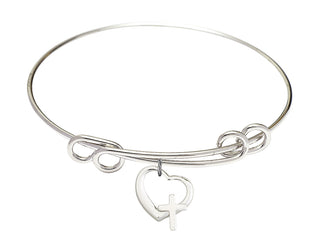8 1/2 inch Round Double Loop Rhodium Bangle Bracelet with a Sterling Silver Heart / Cross charm.