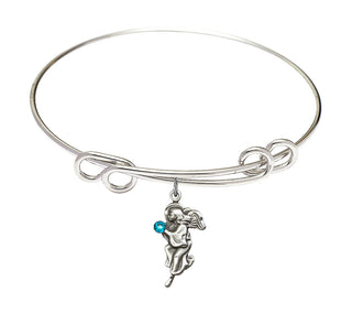 8 1/2 inch Round Double Loop Rhodium Bangle Bracelet with a Sterling Silver Guardian Angel charm.