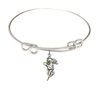 8 1/2 inch Round Double Loop Rhodium Bangle Bracelet with a Sterling Silver Guardian Angel charm.