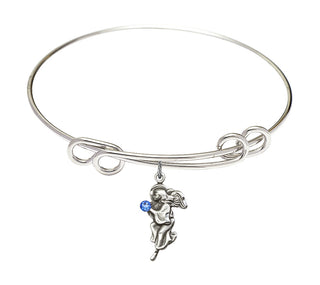 8 1/2 inch Round Double Loop Rhodium Bangle Bracelet with a Sterling Silver Guardian Angel charm.
