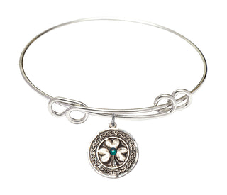 8 1/2 inch Round Double Loop Rhodium Bangle Bracelet with a Sterling Silver Shamrock with Celtic Border charm.