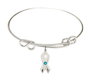8 1/2 inch Round Double Loop Rhodium Bangle Bracelet with a Sterling Silver Cancer Awareness charm.