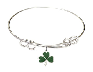 8 1/2 inch Round Double Loop Rhodium Bangle Bracelet with a Sterling Silver Shamrock charm.