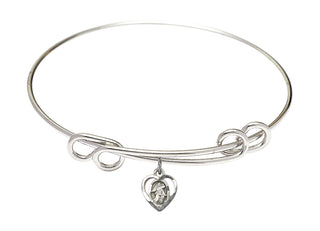 8 1/2 inch Round Double Loop Rhodium Bangle Bracelet with a Sterling Silver Guardian Angel charm. Engraved Catholic Saint Jewelry