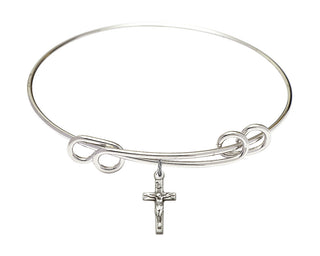 8 1/2 inch Round Double Loop Rhodium Bangle Bracelet with a Sterling Silver Crucifix charm.